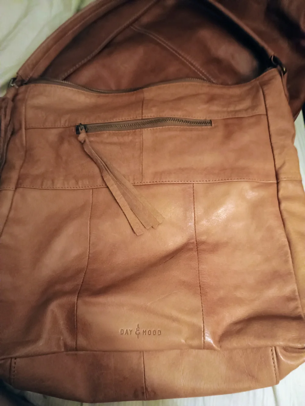 ANTHROPOLOGIE!! LEATHER TAN W/TASSELS!! 14 IN X 14 IN